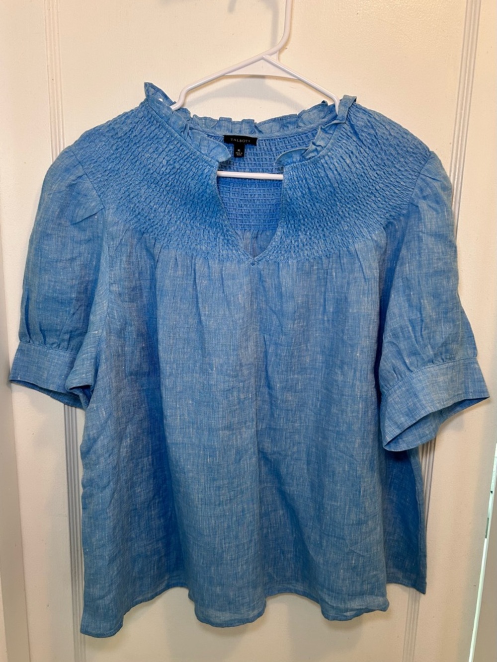 Talbots Blue Smocked 100% Linen V-Neck Short Sleeve Top Womens XL